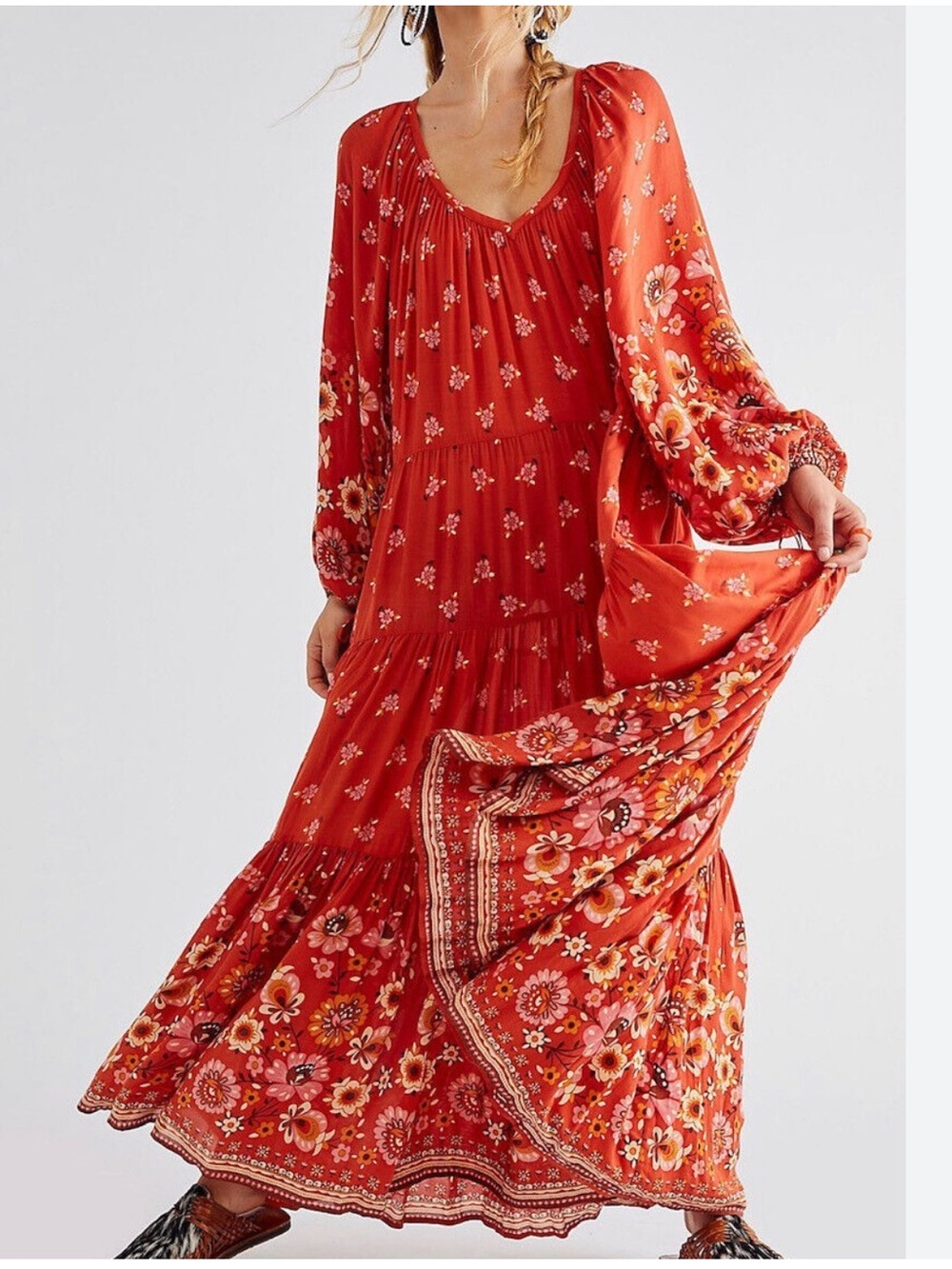 Spell & The Gypsy Collective Joni Campfire Red Floral Tiered Maxi Dress Large